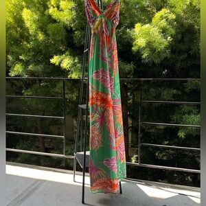 Flying Tomato Green Maxi Dress with Pink & Orange Floral Print